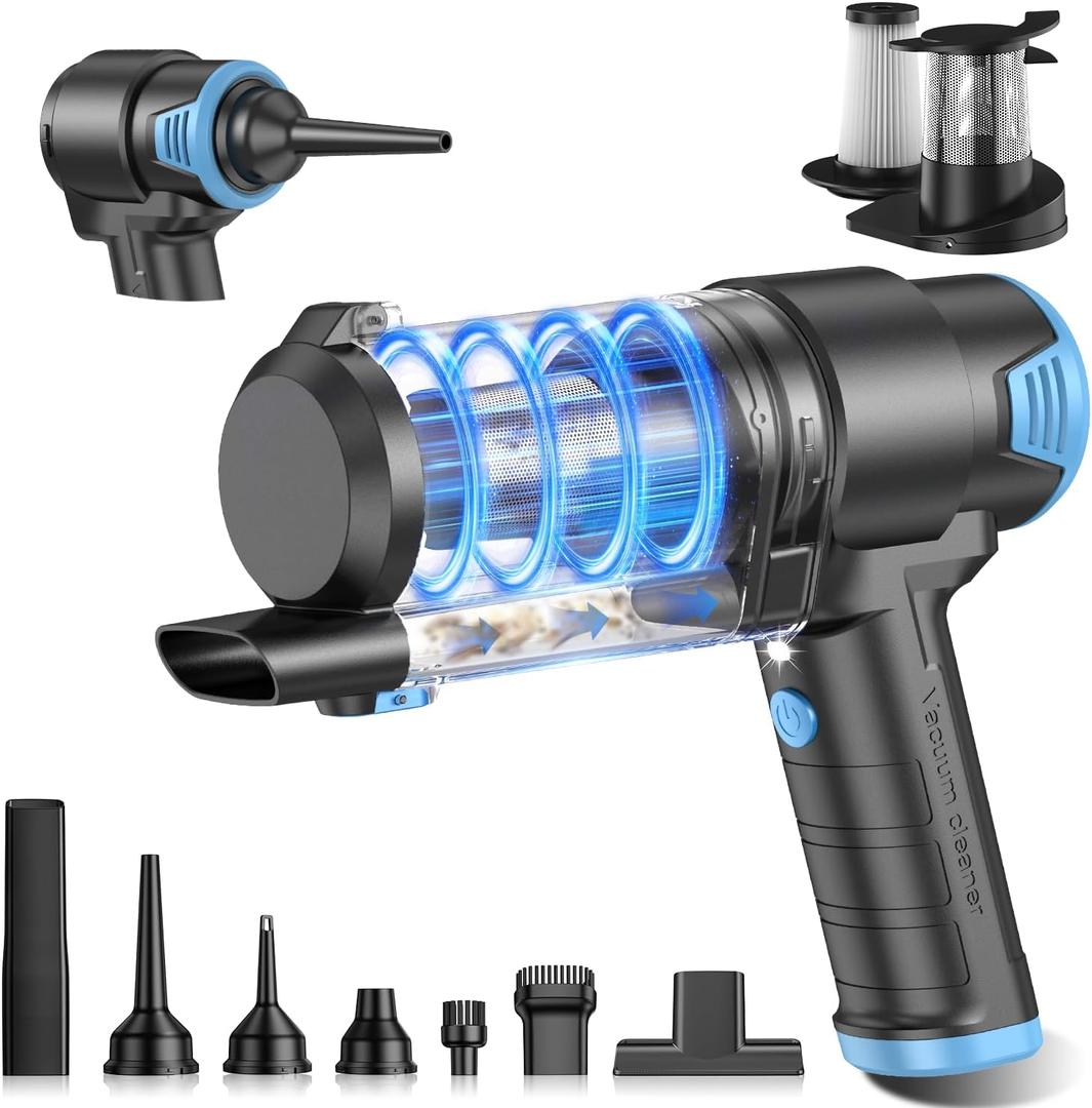 KMM Handheld Car Vacuum Cleaner, 16000PA Air Duster & Vacuum Cleaner, 120W High Power Hand Held Vacuum Cordless, Portable Vacuum Rechargeable with Multi-Nozzles & LED Light for Car, Home, Pet, Office (Blue & Black)