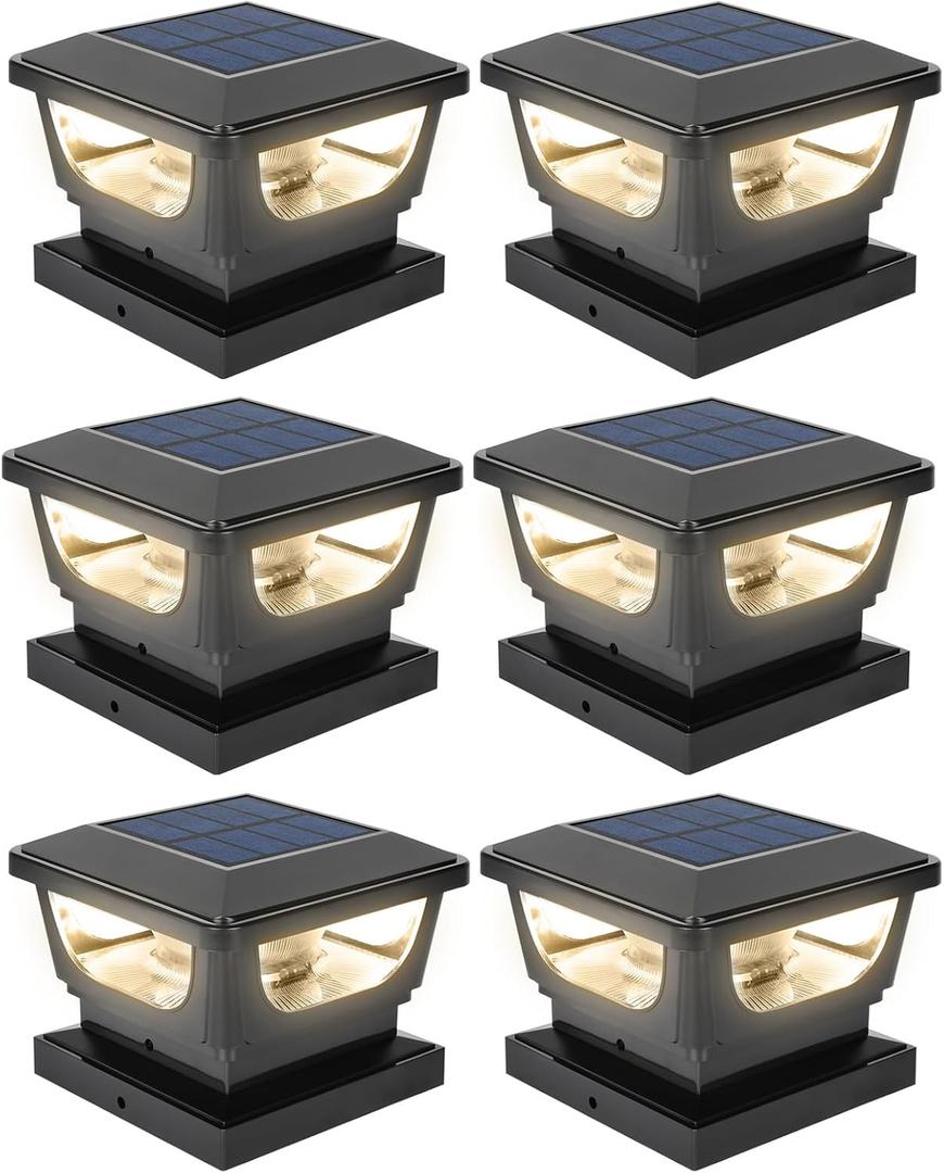 Sumaote Solar Post Cap Lights, 120 Lumen 3000K Warm White LED for 3x3 Metal/Vinyl & 4x4 Wood Posts, IP65 Waterproof Outdoor Garden Fence Deck Lighting, Dusk-to-Dawn Auto On/Off (6 Pack)