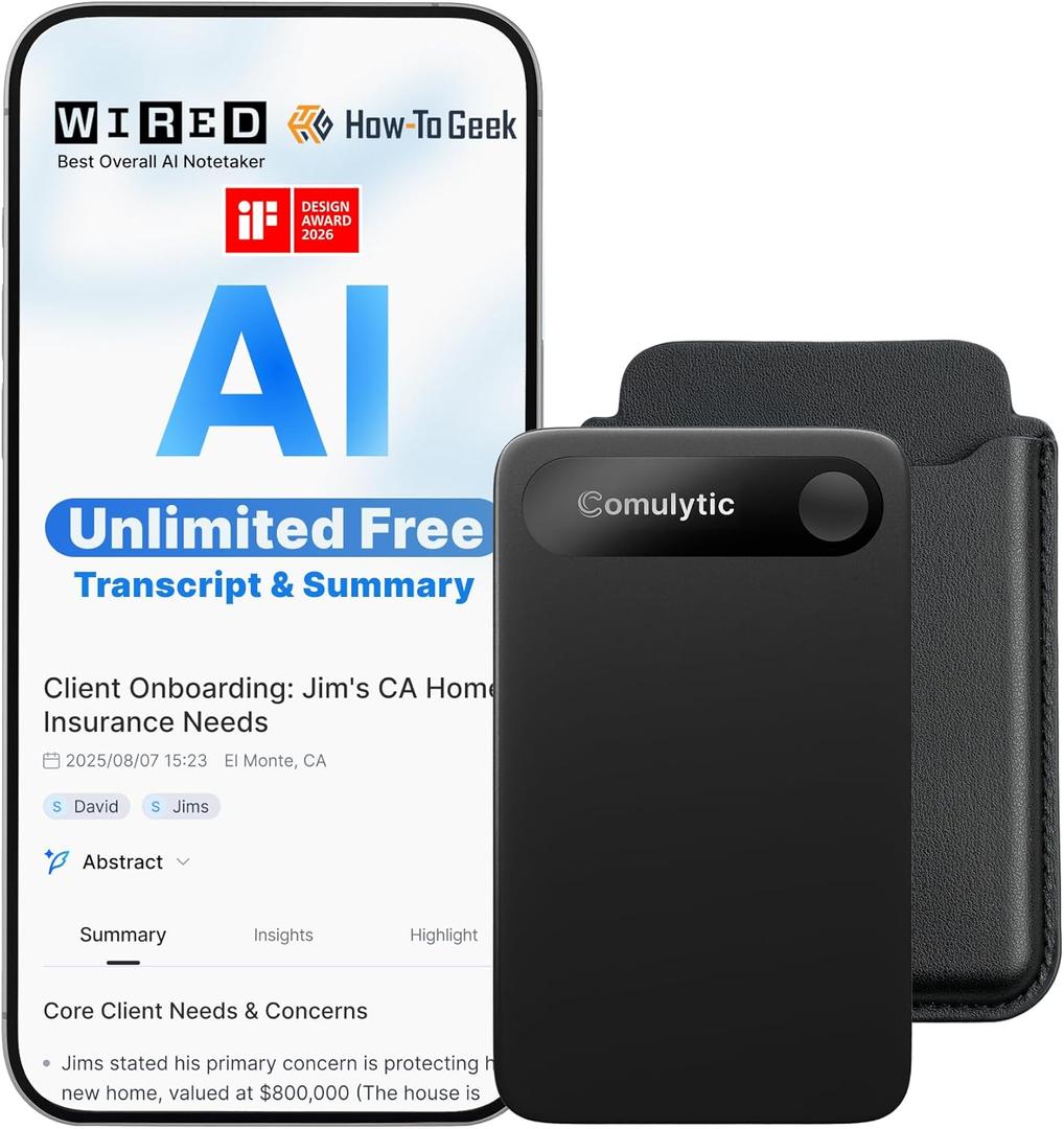 Comulytic Note Pro AI Voice Recorder, Unlimited Transcribe & Summarize, AI Note Taking Recording Device w/Case, App Control, 113 Languages for Calls, Meetings, Lectures, Interviews, Black