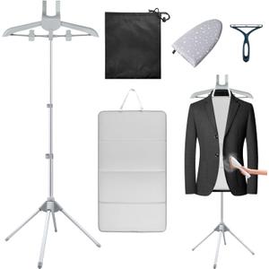 Foldable Garment Steamer Hanger Stand with Ironing Gloves, Adjustable Steamer Rack Included Lint Remover & Storage Bag, 2 Clips&Portable Ironing Board for Suits Shirts Coats Portable Travel Home Use