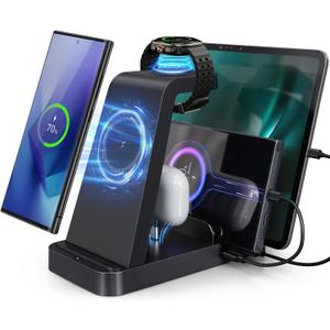 WHJ 5 in 1 Wireless Charger for Samsung, Android Fast Charging Station for Samsung Galaxy S25/S24 Ultra/S23/S22/S21/Note 20/Z Fold 7/6/5, Charger for Galaxy Watch Ultra/7/6/5, Galaxy Buds 2/2 Pro (Black)
