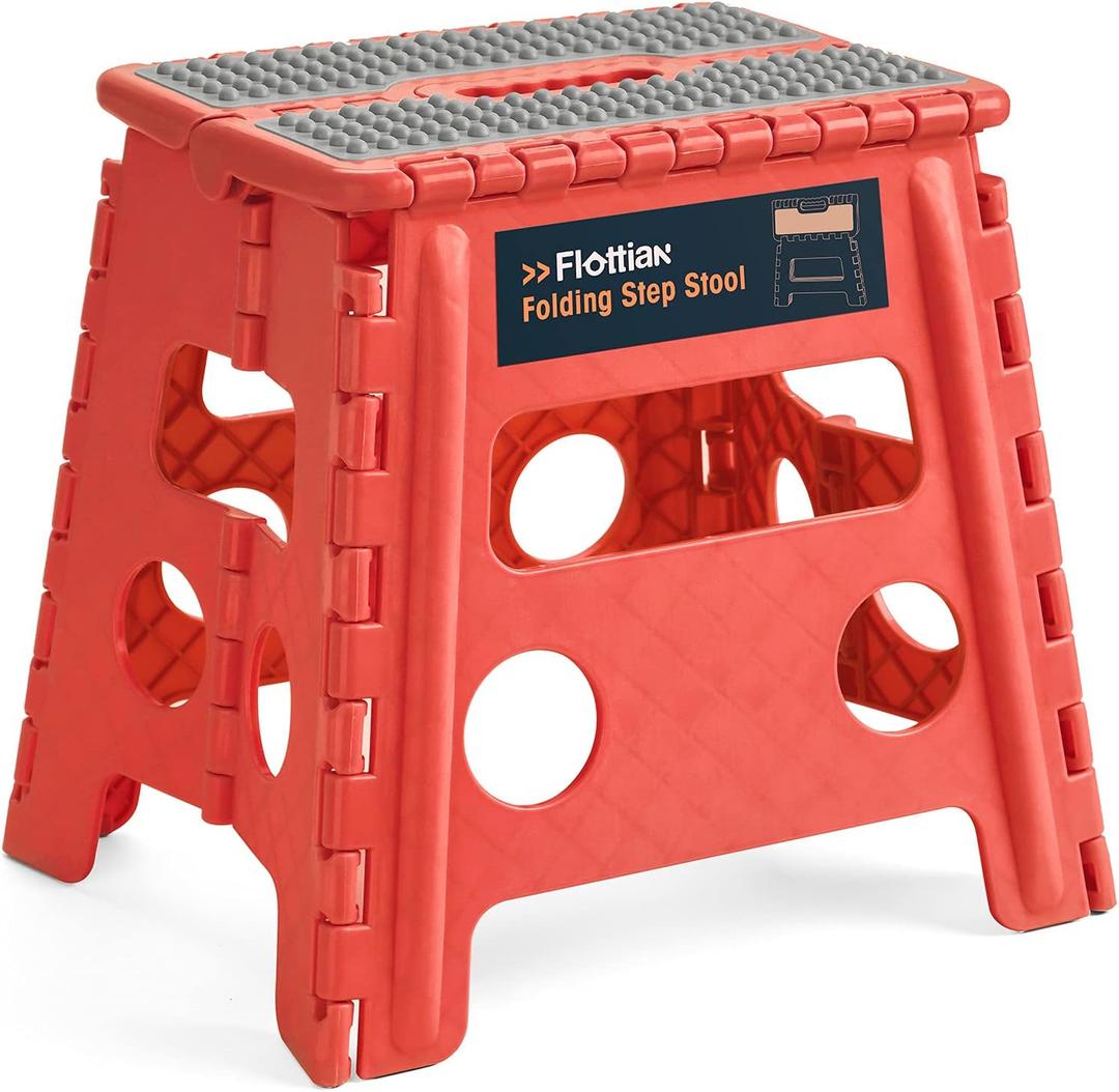 Flottian 13" Folding Step Stool for Adults and Kids Holds Up to 300 lbs,Non-Slip Folding Stools with Handle, Compact Plastic Foldable Step Stool for Bathroom,Bedroom, Kitchen Coral,1PC (13 inch)