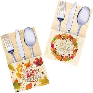 Gatherfun Thanksgiving Cutlery Holder Gold Foil with Give Thanks Maple Leaf design, Utensil Holder for Autumn Harvest Party Table Decorations, 24 pack, Mix 2 designs