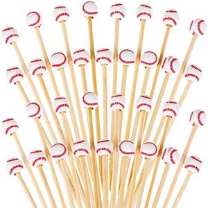 100 Pieces Bamboo Cocktail Picks 4.7 Inch Fruit Toothpicks Sports Ball End Cocktail Skewers Wooden Decorative Cocktail Picks for Appertizes, Fruit, Food, Sport Party Favors (Baseball)