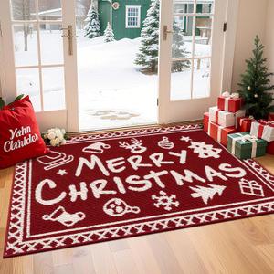 Ileading Christmas Indoor Doormat, Durable Xmas Welcome Mat 32"x48" Non Slip Entrance Rug with Rubber Backing, Machine Washable Winter Holiday Entryway Front Door mats Red Merry Christmas Small Carpet