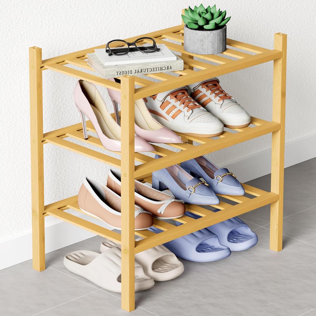 Smiry Bamboo Shoe Rack for Closet, 3 Tier Small Wooden Stackable Shoe Organizer, Free Standing Shoes Storage Shelf for Entryway, Front Door Entrance, Natural