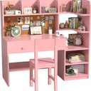 Wooden Pink Kids Study Desk and Chair Set, 2 Drawers and 2 Storage Cabinets, Children Desk with 4 Open Hutch and Bookshelf, Girls Study Desk for Kids Bedroom