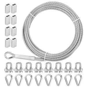 Thickened 3/16" 25ft Stainless Steel Cable with Wire Rope Clip, Thimble and Aluminum Crimping Loop Sleeve, 7X19 Strands Aircraft Cable, 3700lbs Breaking Strength for Deck Railing, String Lights