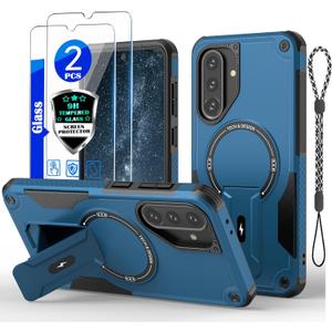 for Samsung Galaxy A36 5G case/A56 5G case[Compatible with MagSafe][with 2*9H Tempered Glass Screen Protector], Built in Invisible Stand, Not fadingShockproof Protective Phone Cover 6.7-inch(Blue)
