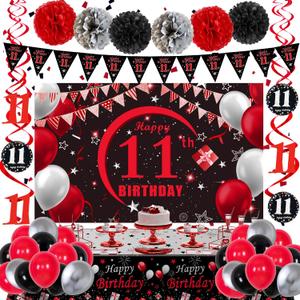 11th Birthday Decorations for Boys Girls Red and Black, Happy 11th Birthday Backdrop Banner, 11 Birthday Party Decoration Tablecloth Balloons Triangle Flag, 11 Year Old Boy Bday Party Supplies