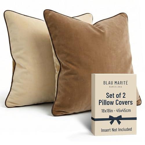 Blau Marité Set of 2 Decorative Throw Pillow Covers Cushion Cases. Soft Velvet. Contrast Pipping Edge Filling Not Included. (18x18 In, Camel/Beige)