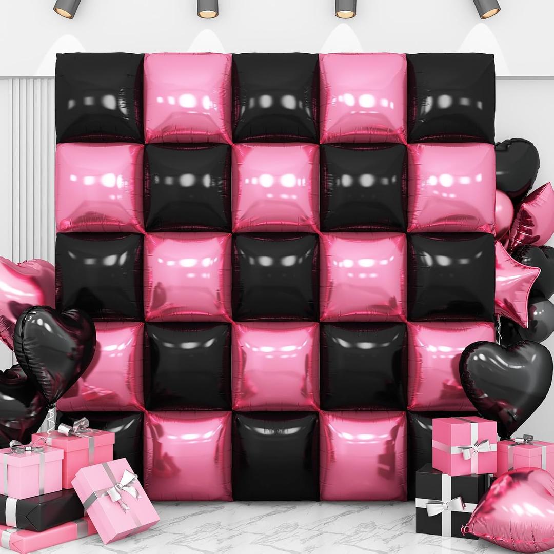 Pink Black Square Foil Balloon Wall,25Pcs Double Sided Foil Balloons Backdrop Helium Polyester Tunnel Arch Garland Kit for Birthday Bridal Anniversary Baby Shower Party Decorations