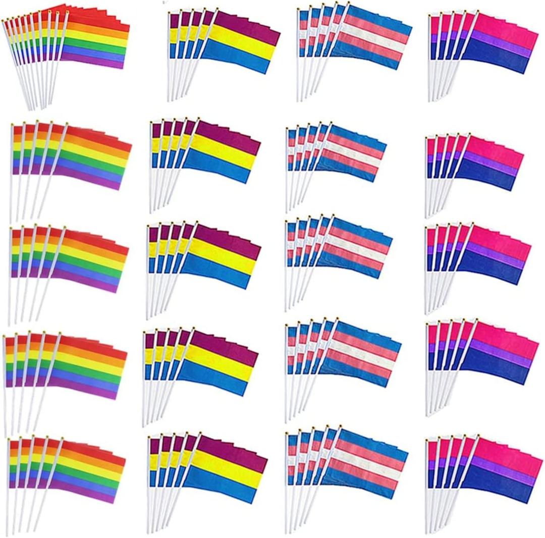 90 Packs Small New Intersex Progress Pride Rainbow Gay Stick Flag Mini Hand Held LGBTQ Flags Decorations 5x8inch