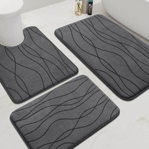 YIHOUSE Memory Foam Bathroom Rug Set, 3 Pieces - Dark Grey (Ultra Soft, Absorbent, Non-Slip, Machine Washable) (1'8" x 2'8")