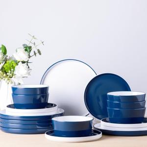 AmorArc Ceramic Dinnerware Sets for 6, 18 Piece Stoneware Plates and Bowls Set, Chip and Crack Resistant Plates Set, Dishwasher & Microwave Safe Ceramic Dishes - Service for 6 (Modern-White&Blue)