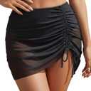 Blooming Jelly High Waisted Swim Skirt Tummy Control Swim Bottoms Mesh Ruched Drawsting Bathing Suit (Large, Black)