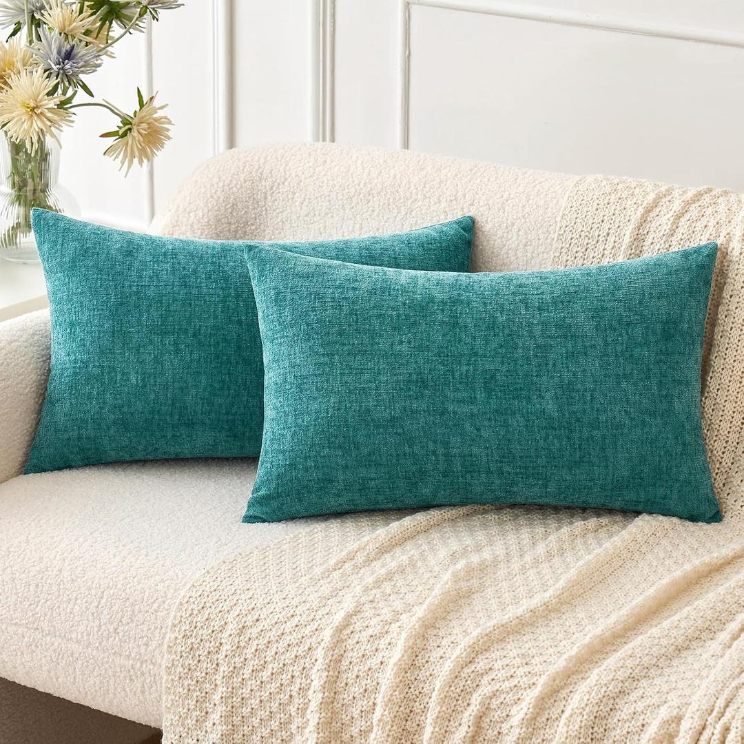 MIULEE Pack of 2 Couch Throw Pillow Covers 12x20 Inch Soft Teal Chenille Lumbar Pillow Covers for Sofa Living Room Solid Dyed Cases