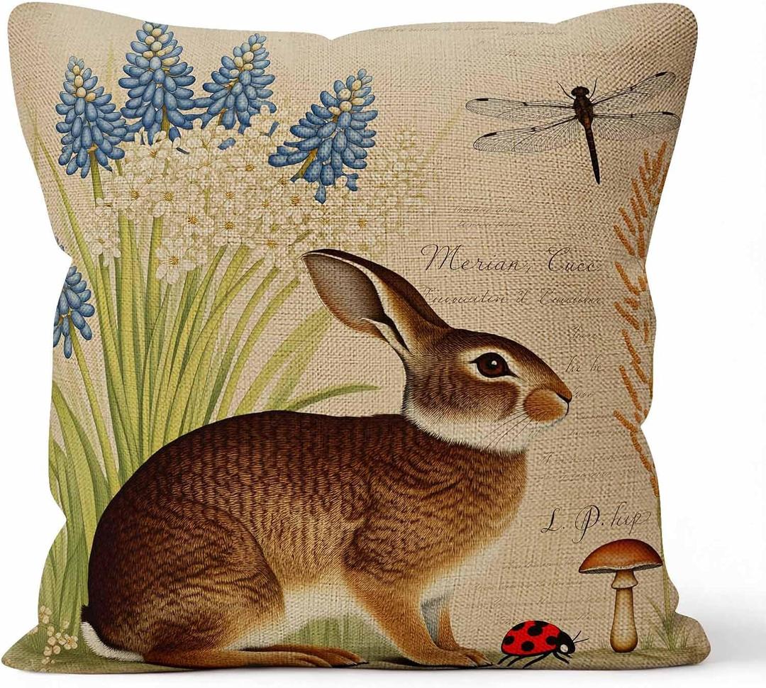 SSOIU Throw Pillow Covers Garden Flower Rabbit Hare Floral Dragonfly Cushion Pillow Case Home Decor Pillowcase 18x18 Inches