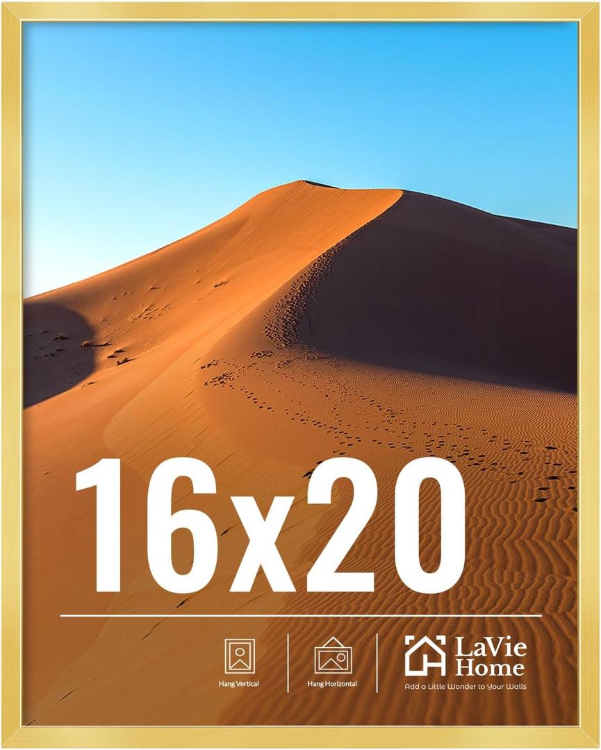 LaVie Home 16x20 Picture Frame for Wall Display, 16x20 Gold Picture Frame with HD Plexiglas, 16 x 20 Poster Frame 1 Pack, Display Frame for Vertical or Horizontal, Classic Collection