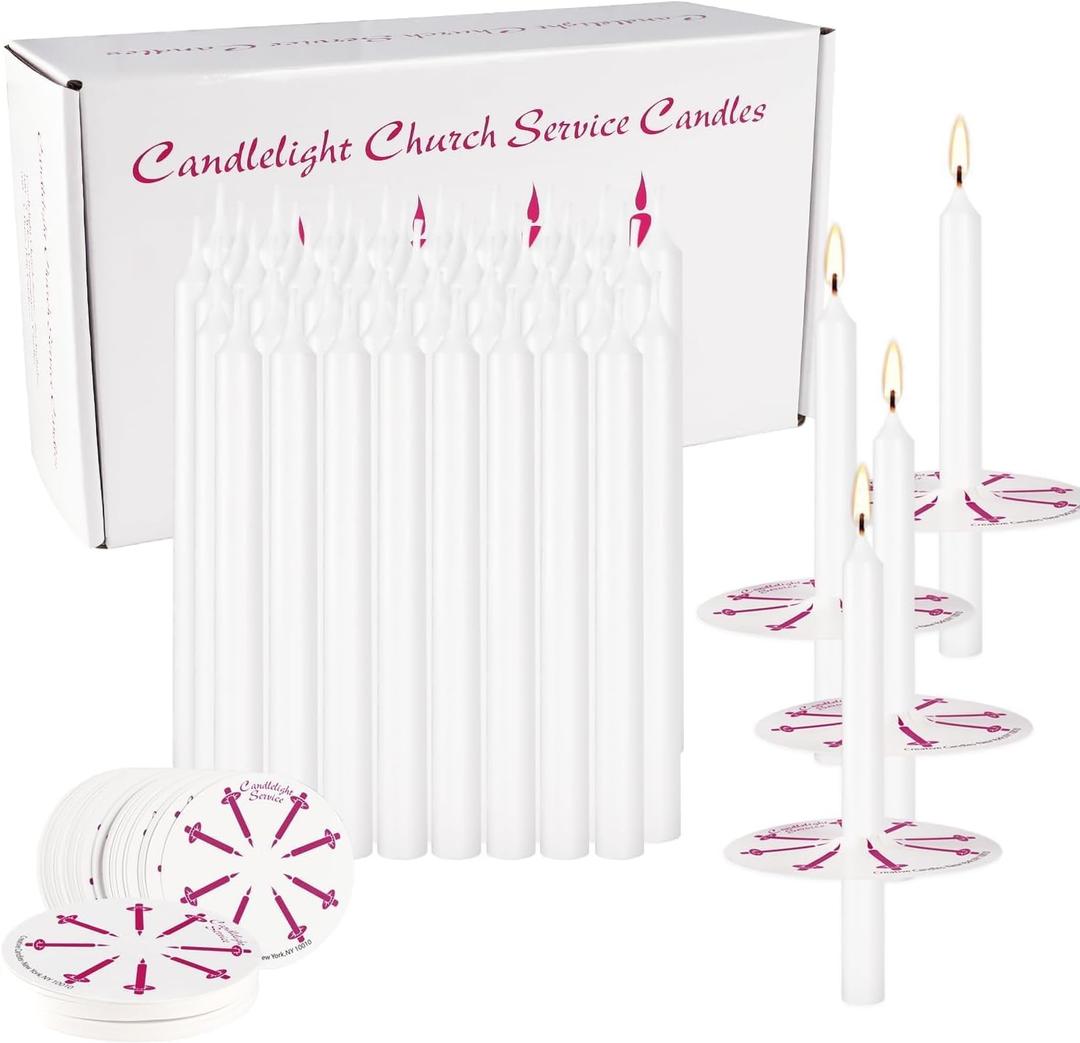 100 Pieces Church Candles- White Taper Candle Unscented with Drip Protectors-for Church Congregational Christmas Vigil-5 Inch Tall x 1/2 Inch Diameter