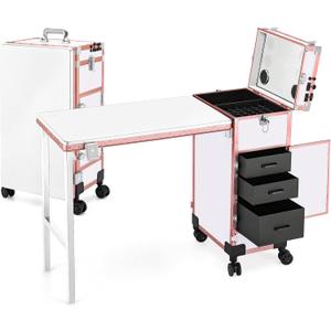 Portable Manicure Table 3 Drawers, Rolling Lockable Makeup Train Case with Blueteeth Speaker and Nail Polish Organizer, Foldable Nail Desk with Mirror & TSA Lock for Nail Tech and Salon Use, 15.3 X 10.8 X 30.8 Inches