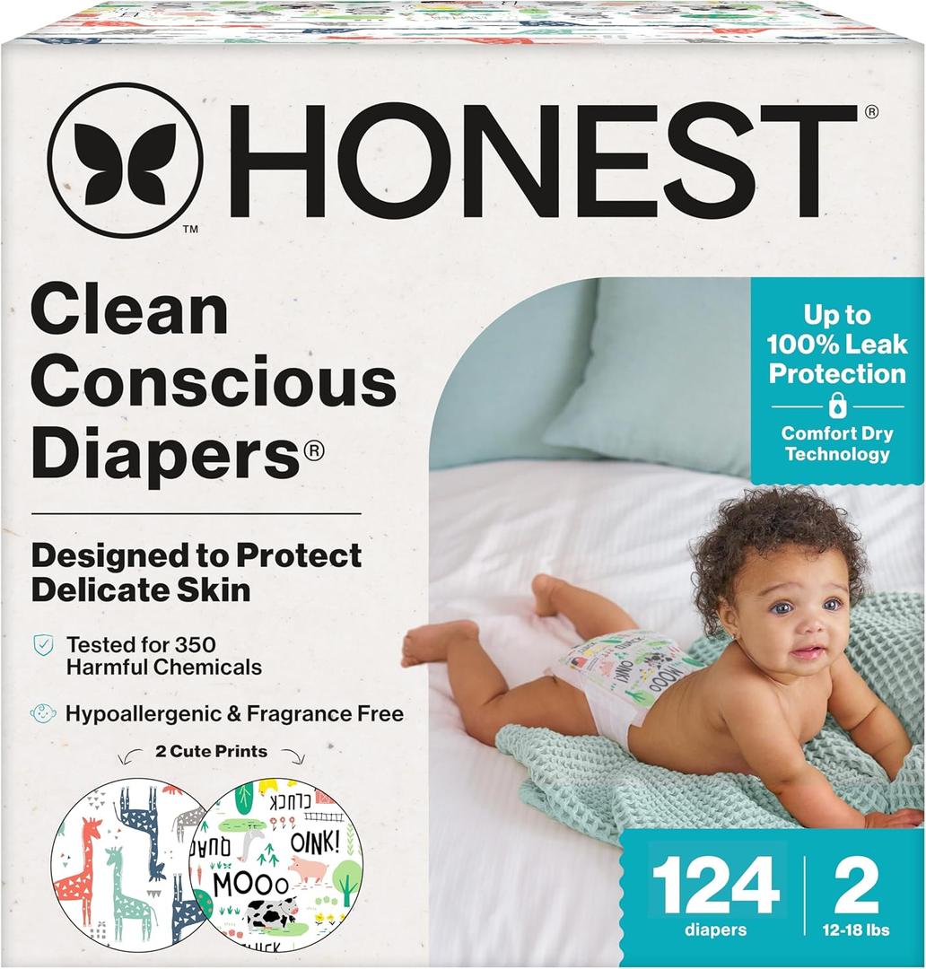 The Honest Company Comfort Dry Disposable Diapers for Sensitive Skin, Hypoallergenic, FragranceFree, MultiColored Giraffes + Barnyard Babies, Super Club Box Size 2 (1218 lbs), 124 Count