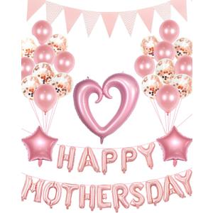Happy Mother's Day Balloons Set, Pink Rose Gold Mothers Day Banner Letter Balloons Decor for Women Decorations for Party