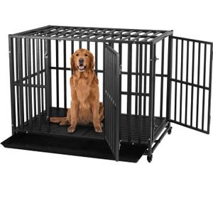 LUCKUP Heavy Duty Dog Crate-38 inch Large Metal Dog Cage with 2 Doors and 4 Wheels, Stackable Dog Kennel for Large & Medium Dogs, Removable Tray