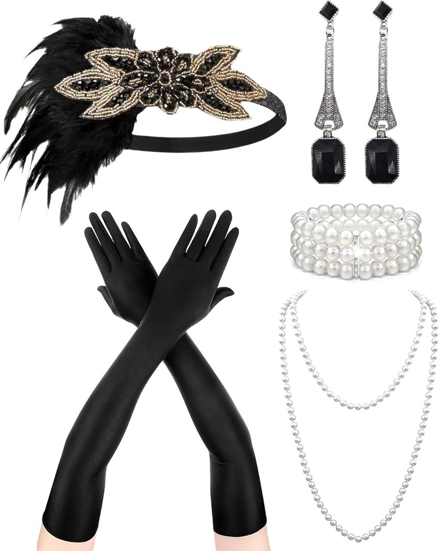 Zinniday Vintage 1920s Accessories for Women, 5 Pcs 20s Flapper Accessories Roaring 20s Theme Set for Evening Cocktail Prom (Black)
