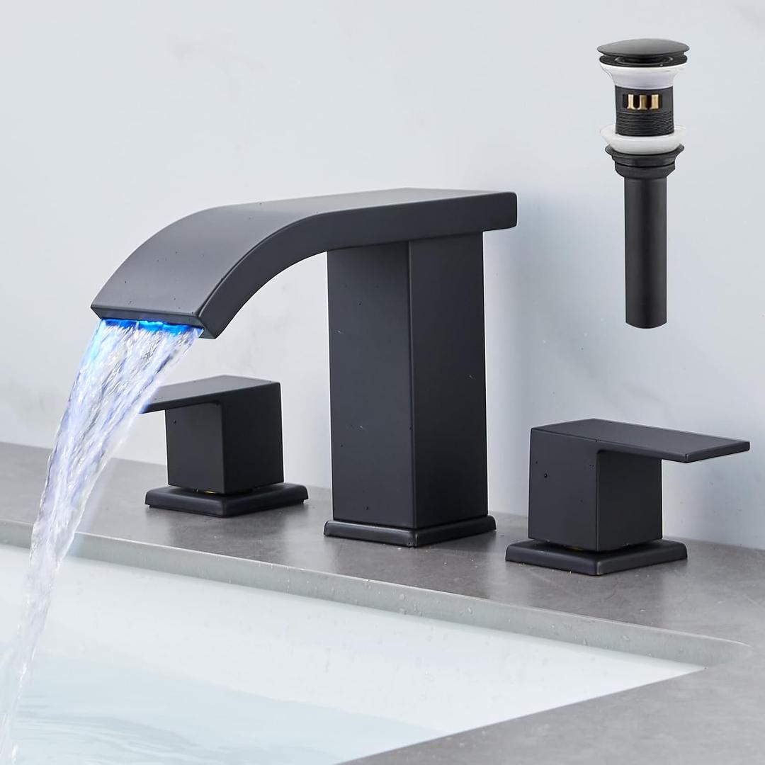 LED Bathroom Faucet 3 Hole 8 inch Widespread with Pop Up Drain Black Bathroom Sink Faucet with LED Spout, 2 Handle Vanity Faucet with Water Supply Hoses