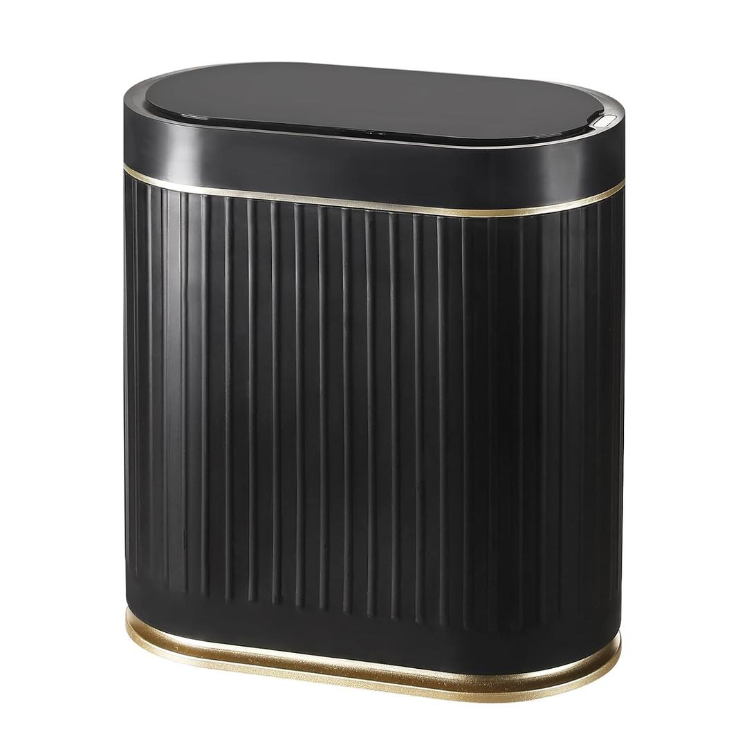 Bathroom Sensor Trash Can with Automatic Lid 2 Gallon Small Sensor Trash Can, 7.5 Liter Motion Sensor Smart Trash Can with Stripes, Slim Waterproof Plastic Garbage Can for Narrow Space (Black gold)