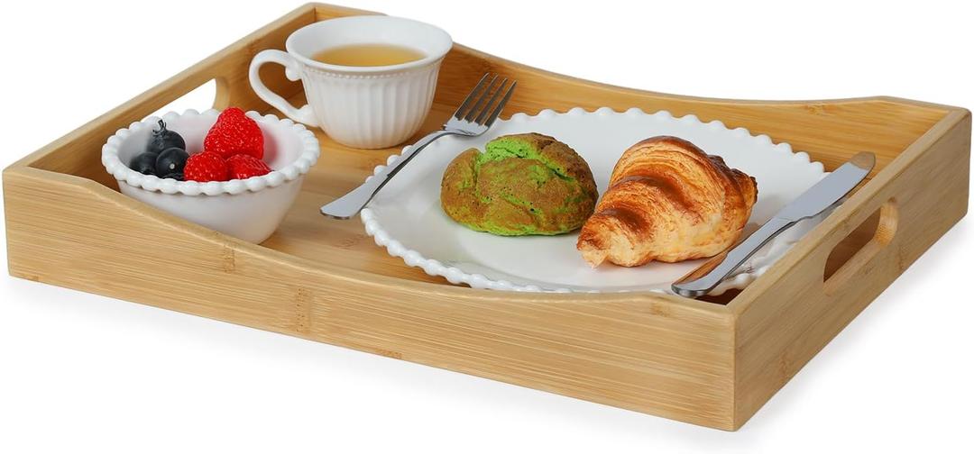 Gobam Bamboo Serving Tray with Handles (16.5-Inch), Solid Decorative Wood Tray for Ottoman Coffee Table, Natural Rectangle Breakfast in Bed Tray for Eating, Food and Drinks Platter