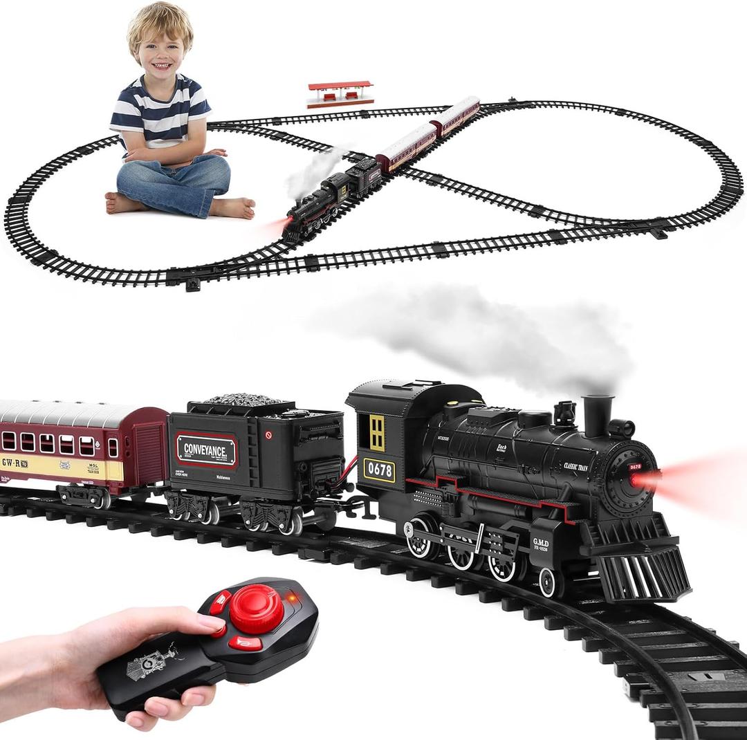 Train Set for Kids,Remote Control Locomotive Engine Under Christmas Tree,Electric Model Train W/Carriages and Long Tracks,Train Toy Gift for Boys Girls Age 4-12
