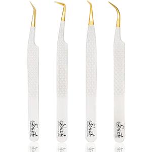 SIVOTE Fiber Tip Lash Tweezers for Eyelash Extensions with Diamond Grip, White, Set of 4 - Precise Tips Japanese Steel for Classic, Volume & Mega Volume Lashes, Anti-Rust - Ideal for Lash Artists