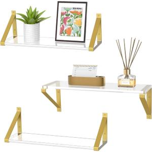 Clear Shelves, Gold Floating Shelves Wall Mounted Set of 3, 8mm Transparent Acrylic, Invisible Wall Shelves for Bedroom, Living Room, Bathroom, Kitchen, Office Display Decor (15in)