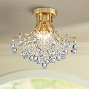 Bestier Modern Gold Crystal Semi-Flush Mount Chandelier Lighting Ceiling Light Fixture Lamp for Diningroom Bathroom Bedroom Livingroom 3 E12 Bulbs Required D13.5 inch X H11.6 inch