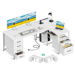 Coleshome L Shaped Computer Desk with 6 Drawers & Power Outlet, 55 Inch Corner Desk with Reversible Storage Shelf & File Drawer, Home Office Desk, Grey Oak