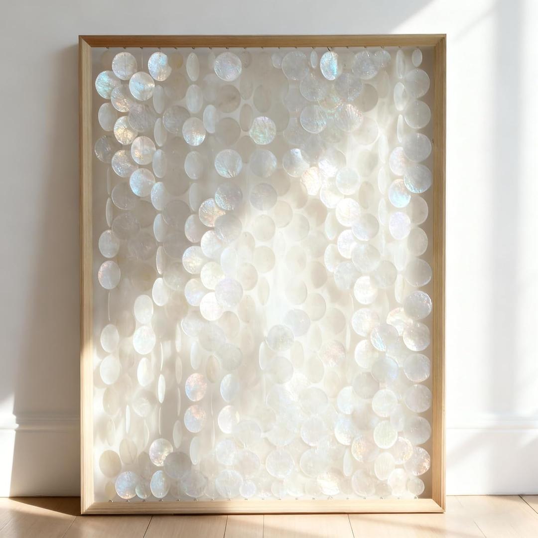 Bergamot Large Handmade 24"x32" Capiz Shell Wooden Framed Wall Art, Coastal Wall Art Dcor, Minimalist White Sea Shell Wall Decor for Living Room, Bedroom, Office