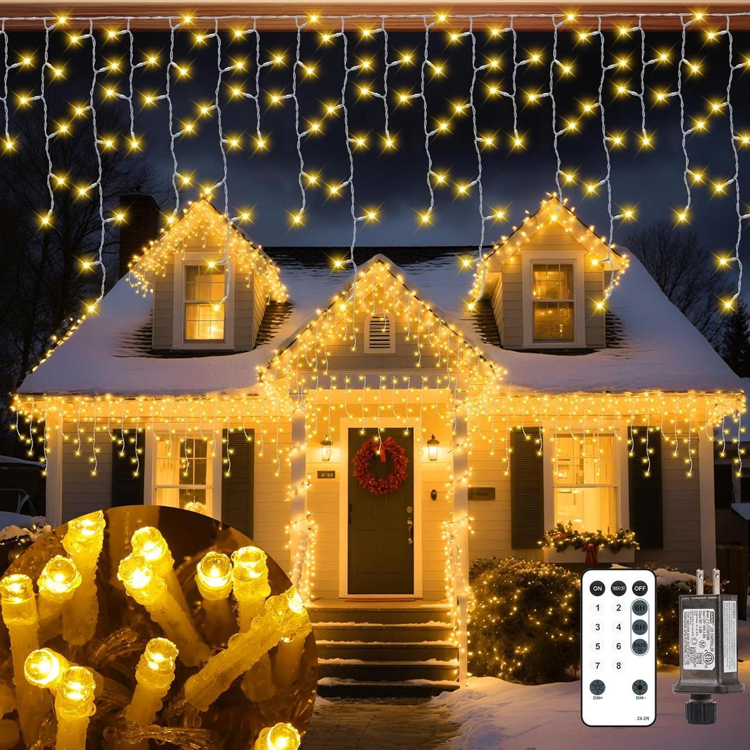 Christmas Ice Lights Outdoor,Warm White 99FT 1206 LED 8 Modes Plug in Xmas Tree Decorations Twinkle Fairy Light String with Remote Timer Memory for Roofline Yard Party Wedding Camping Decor