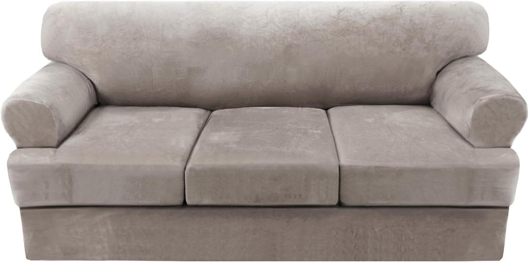H.VERSAILTEX Sofa Cover 4 Piece T Cushion Sofa Slipcovers Thick Velvet Couch Cover Furniture Protector Stretch Sofa Covers for 3 Cushion Couch with 3 Individual T Cushion Covers Washable, Taupe, 3 Cushion Sofa