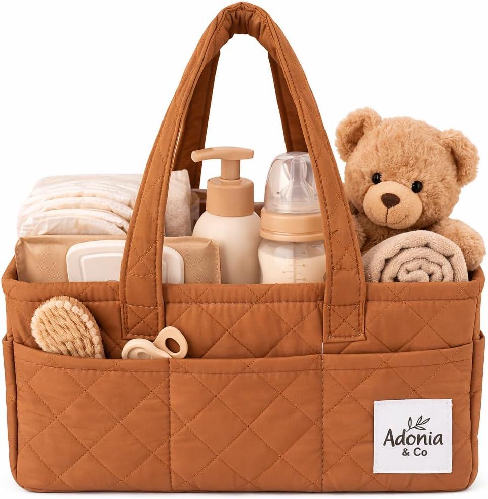 Adonia & Co Diaper Caddy Organizer  Nursery Storage Basket for Newborn & Baby Essentials  Portable, Machine Washable Diaper Bag Organizer for Home & Travel (Brown)