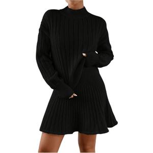 MakeMeChic Women's Sweater Skirt Sets 2 Piece Outfits Ribbed Knit Mock Neck Sweater Pullovers A Line Mini Skirt Set, Size L
