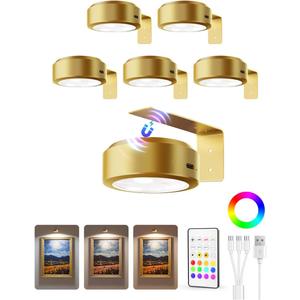 EZVALO Picture Lights for Wall, 2000mAh Rechargeable Battery Magnetic Poster Lights with 3 Color Temps & 12 RGB, Remote Dimmable Timer Painting Light, Wall Decor Light for Art Display, Frame (6 Pack) (Gold)