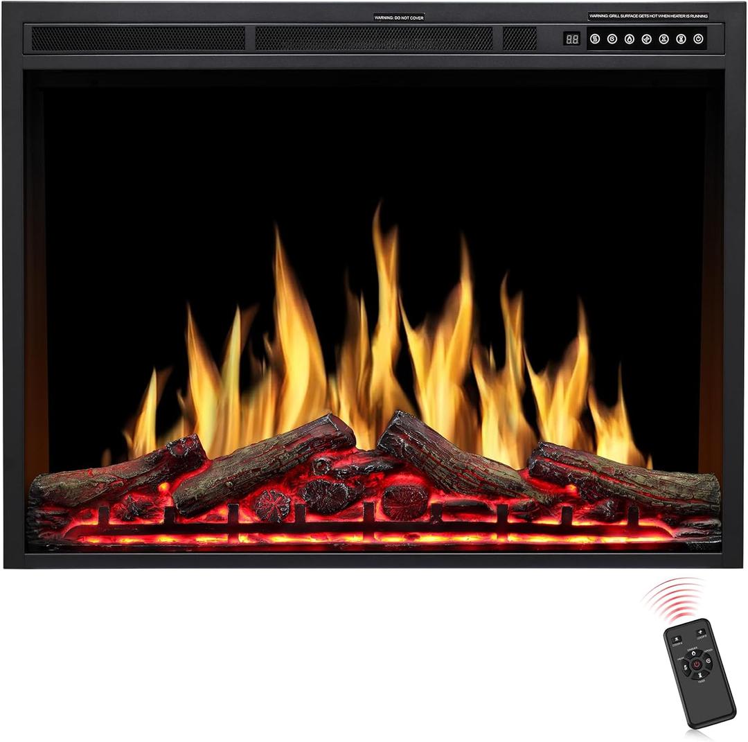 ZAFRO 34 Electric Fireplace Insert with Touch Screen,Realistic Flame and Firewood,Fireplace Heater with Remote,Automatically Adjustable Flame and Logs Color,8 H Timer,750/1500W