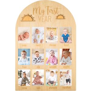 R HORSE My First Year Photo Display Wood Board - Fits 2 x 3 Inch Photo, 3D Boho Sun Baby's First Year Picture Frame 12 Months Milestone Board Baby Keepsake Birthday Nursery Decor Gift for Boy Girl