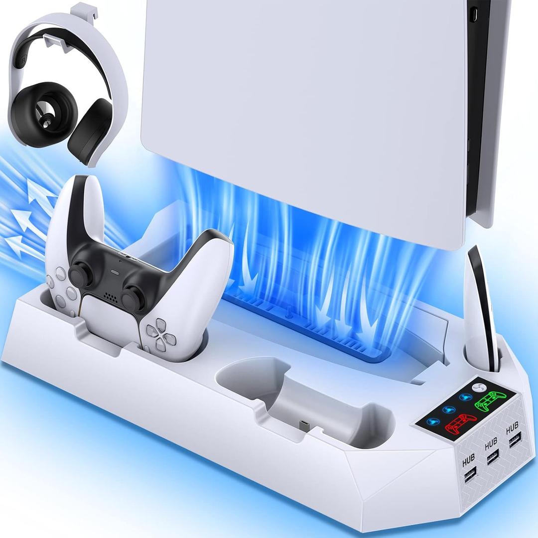PS5/PS5 Slim/PS5 Pro Stand and Cooling Station with Dual Controller Charging Station for PlayStation 5 Console, PS5 Accessories Incl. Controller Charger, Cooling Fan, Headset Holder, 3 USB Hub, White