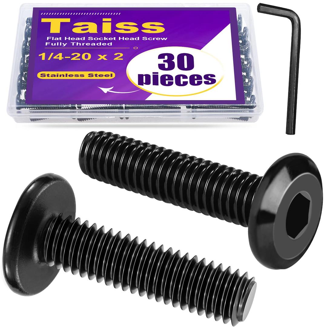 Taiss 20pcs 1/4-20 x 2" Flat Head Socket Head Screw,Furniture Bolts,Furniture Screws 304 Stainless Steel,1/4 Bolts Black Zinc Plated Fully Threaded,Countersunk Connector Screws with Hex Spanner