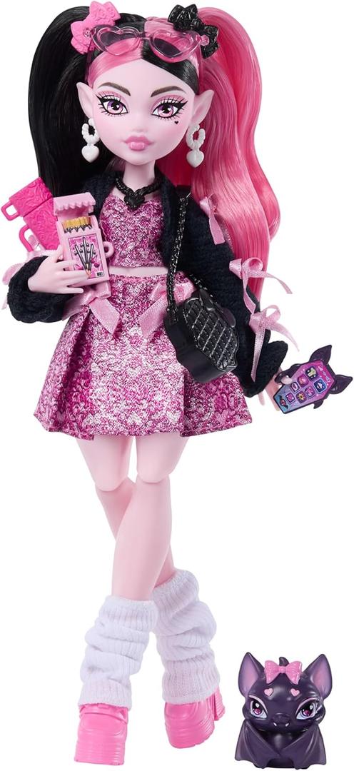 Monster High Doll, Draculaura in Pink Bow Dress and Black Cardigan with Pet Bat Count Fabulous and 7 Accessories Like Ramen, Lipstick and Purse