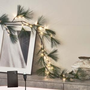 Hairui Lighted Christmas Pine Garland 6FT with Timer, Garland with Lights USB Powered and Battery Operated for Home Fireplace Table Christmas Decoration