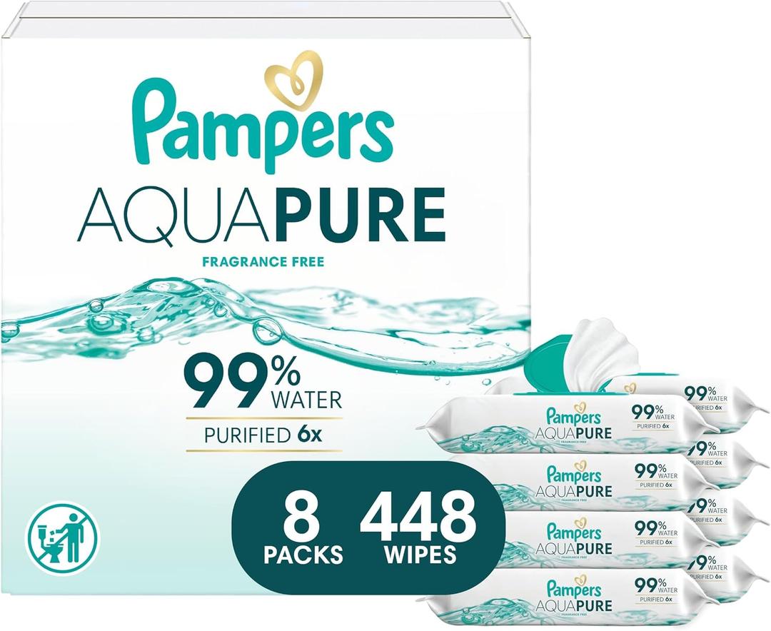 Pampers Aqua Pure Baby Wipes, 99% Water, Fragrance Free, 448 Baby Wipes Total (8X Flip-Top Packs) 